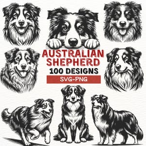 Pacchetto di design SVG PNG per cani da pastore australiano, clipart per amanti dei cani, file digitali per cani australiani per Cricut, silhouette, artigianato fai da te
