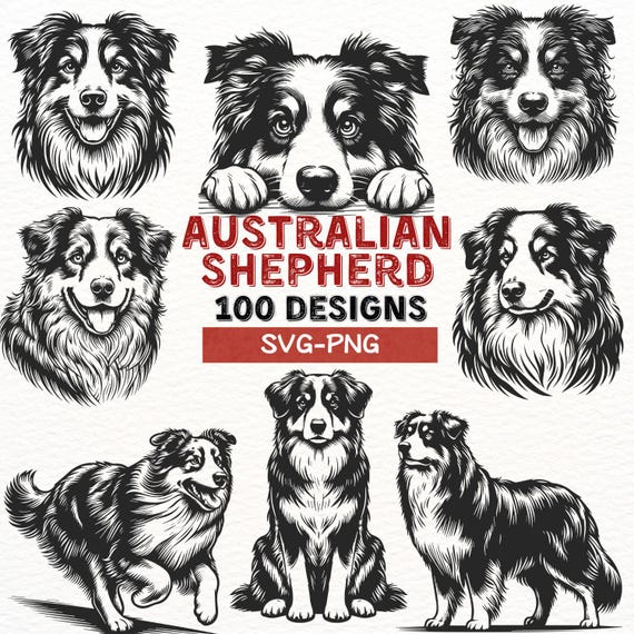 Australian Shepherd Dog SVG PNG Designs Bundle, Dog Lover Clipart, Aussie Dog Digital Files for Cricut, Silhouette, DIY Crafts