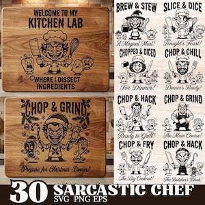 Könnte beinhalten: Holzschneidebretter mit gravierten sarkastischen Kochmotiven. Ein Brett sagt "Welcome to my Kitchen Lab" und "Where I Dissect Ingredients". Das andere sagt "Chop & Grind" und "Prepare for Christmas Dinner!". Enthält 30 SVG-, PNG- und EPS-Dateien.