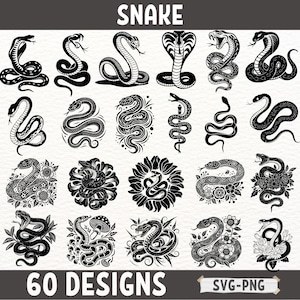 60 Desenhos de Cobra SVG, Pacote de Clipart de Cobra, Ilustrações Tribais de Cobra, SVGs de Cobra Floral, Arte Vetorial de Cobra, Conjunto de PNG de Tatuagem de Cobra