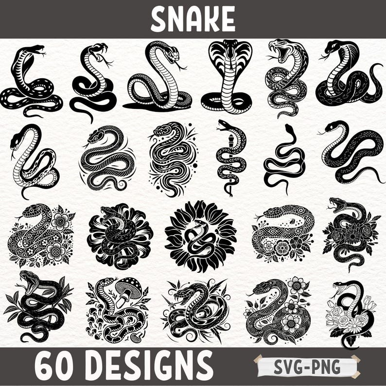 60 Snake SVG Designs, Snake Clipart Bundle, Tribal Snake Illustrations ...