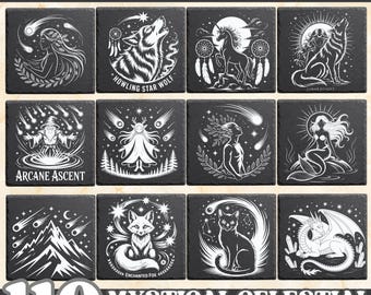 May include: A collection of 12 black slate coasters with white engraved mystical and celestial designs. The designs include a wolf, unicorn, mermaid, fox, cat, dragon, and other fantasy figures. The text "SLATE ENGRAVE", "MYSTICAL CELESTIAL", and "110" are also visible.