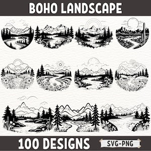 Boho landschap SVG bundel, natuur berg SVG PNG, rustieke bos rivier clipart, vintage buiten scène silhouetten, boho avontuur