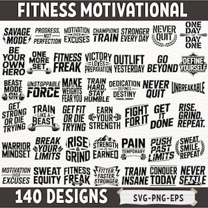 Pacchetto SVG motivazionale per il fitness, 140 modelli di citazioni per la palestra, PNG per magliette da allenamento, EPS motivazionali per il bodybuilding, file di taglio digitale per Cricut