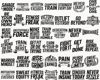 May include: A black and white graphic featuring 140 fitness motivational designs with phrases like "Never Quit," "Train Every Day," and "Get Fit or Die Trying." The image includes the text "Fitness Motivational" at the top and "SVG-PNG-EPS" at the bottom.