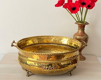 Hammered Brass Footed Bowl with Handles Centerpiece Planter 2 Sizes Available