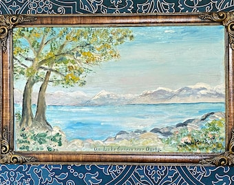 Original Oil Painting Lake Geneva near Ouehy Castle in Switzerland