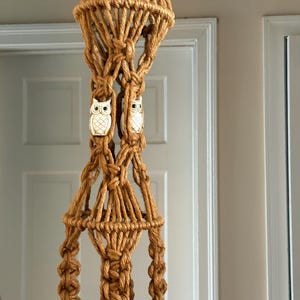 May include: A handcrafted macrame plant hanger in a warm, earthy brown. The design features intricate knots and two decorative owl charms. This bohemian-style hanger is designed to suspend a plant pot, adding a touch of nature to any space.