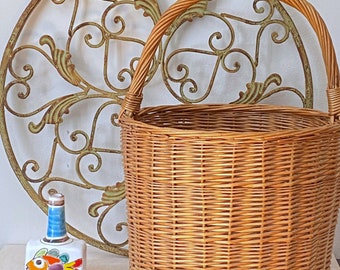 Tall Round Vintage Basket with Handle Natural Wicker Basket