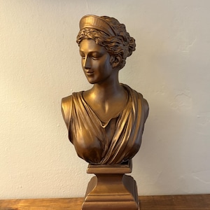 Hand Painted Classic Female Statue Bust on Marble Base Bronze Color