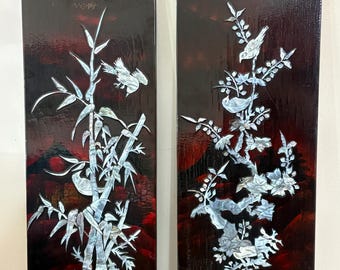 Pair Lacquer and Mother of Pearl Wood Panels Japanese Wall Hangings
