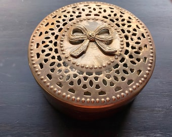 Round Brass Box Incense Burner Potpourri Censor Cut-Outs and Bow