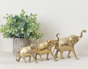 Set of 3 Brass Elephant Statues Figurines Graduated Sizes Raised Trunks