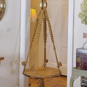 Vintage Macrame Hanging Table Boho Rope Hanging Table Plant Holder Owl Beads