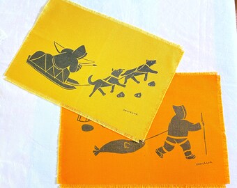 Mona Ohoveluk Inuit Art Screenprint Placemats (2) Mid-Century Hunting Seal & Bear