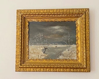 Antique Painting Gesso Frame Night Painting Signed