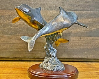 SPI Brass Sculpture 2 Dolphins Swimming Signed 7" Tall