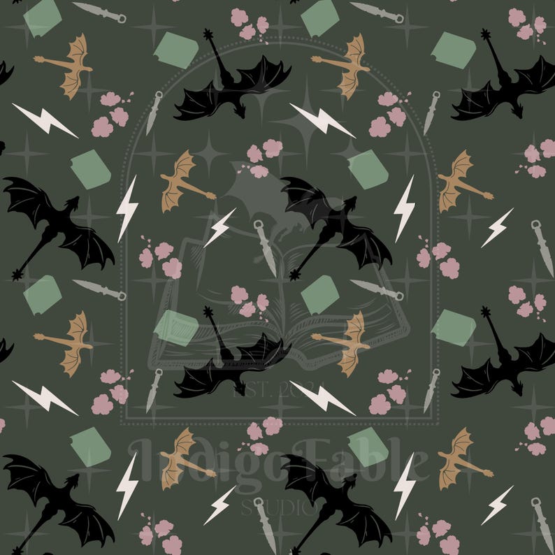 Op de afbeelding: Donkergroen herhalend patroon met zwarte en bruine draken, witte bliksemschichten, kleine messen, groene vierkanten en roze bloemaccenten. Het ontwerp bevat een vervaagde boekillustratie en de tekst "Indigo Fable Studio".