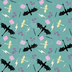 May include: A teal background with a repeating pattern of black and gold dragons, lightning bolts, daggers, and pink rectangles. The design has a fantasy theme, with a subtle book and starbursts in the background.