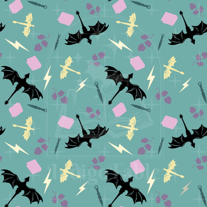 May include: A teal background with a repeating pattern of black and gold dragons, lightning bolts, daggers, and pink rectangles. The design has a fantasy theme, with a subtle book and starbursts in the background.
