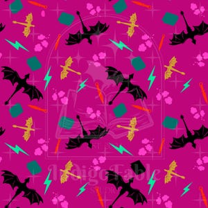 May include: A repeating pattern on a magenta background featuring black and gold dragons, teal lightning bolts, orange daggers, and teal squares. The design includes a stylized open book and pink floral accents.