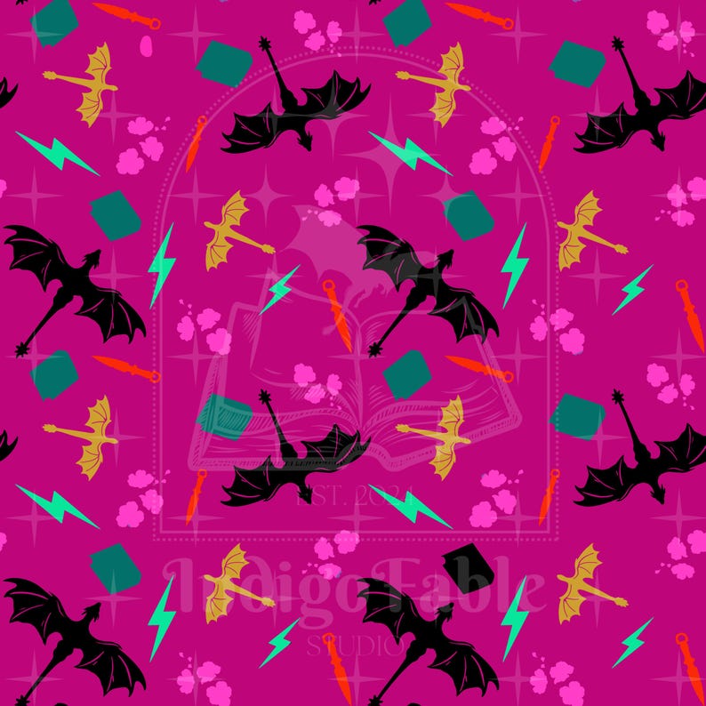 May include: A repeating pattern on a magenta background featuring black and gold dragons, teal lightning bolts, orange daggers, and teal squares. The design includes a stylized open book and pink floral accents.