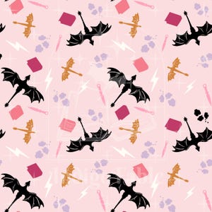 May include: A repeating pattern on a pink background featuring black and gold dragons, pink rectangles, white lightning bolts, and pink daggers. The design has a fantasy theme.