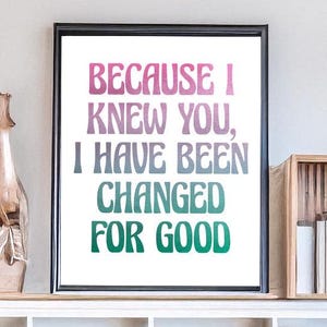 May include: A framed print with a white background and a colorful quote that reads "Because I knew you, I have been changed for good". The quote is in a rainbow gradient of pink, purple, blue, gray, and green.