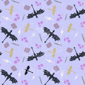 May include: A repeating pattern on a light purple background featuring black and gold dragons, daggers, lightning bolts, and purple splotches. The design also includes open books and stars, creating a fantasy theme.