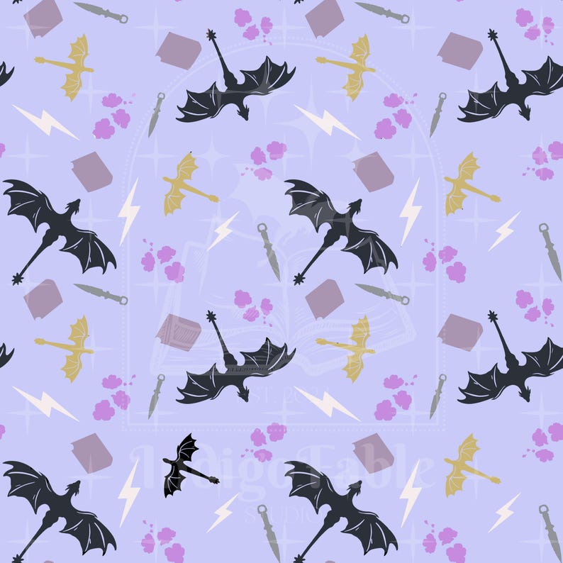 May include: A repeating pattern on a light purple background featuring black and gold dragons, daggers, lightning bolts, and purple splotches. The design also includes open books and stars, creating a fantasy theme.