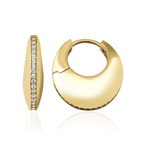 14K Gold Hoop Earrings – Modern Halo Design with Stones – Minimalist Statement Earrings | Crescent Bold Earrings | Gold Chunky Hoop Earrings