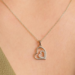 14K Gold Double Heart Gold Necklace - Symbol of Love and Connection, Intertwined Hearts Necklace, Valentine&#39;s Day Gift, Valentine&#39;s Day Art.