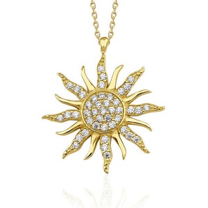 14K Gold Sun Charm Necklace -Handcrafted Sunburst Pendant, Sunshine Necklace-Minimalist Sun Pendant with Zircon Detailing, Sunburst Necklace