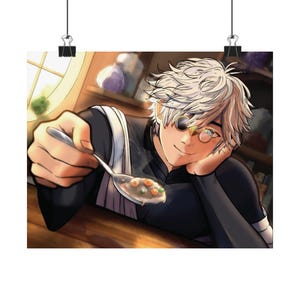 May include: An anime-style illustration of a character with short white hair and round glasses holding a silver spoon filled with a steaming vegetable soup containing orange carrots and green peas, wearing a black long-sleeve shirt.