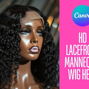 May include: A black wig head with a lace front, featuring a curly hairstyle. The wig head is made of a realistic material and has a neutral expression.