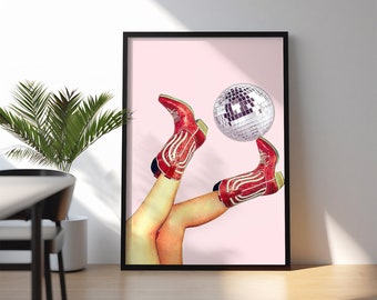 Poster Diskokugel: Retro Cowgirl Stiefel Print, 70s Glam Decor