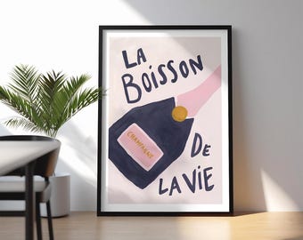 Pink Champagne Bar Cart Poster: Trendy Happy Hour Wall Art