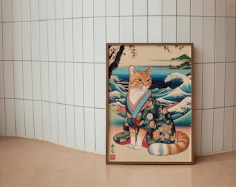 Japanese Cat Art Print: Vintage Woodblock Style, Cat Lover Gift