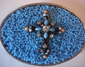 Belt buckle Womens -Blue Beaded Rhinestone Cross - wearable art