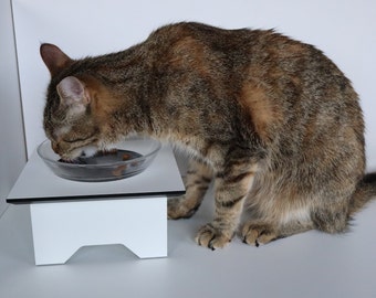 Feeding station cat TIGGER, white with black core, handmade, raised feeding bowl, feeding bowl, senior cat