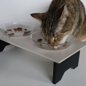 Handmade cat feeding station, WILLOW, double station, beige and black, feeding bowl, raised feeding bowl, senior cat