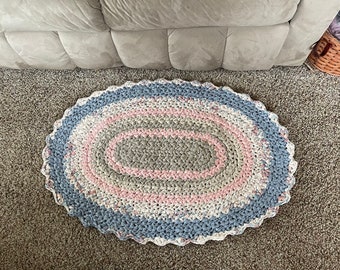 Crocheted oblong,Rag Rug,large table mat, 38x26 inches, handmade rug,made in the USA, Moeggenborg Sugar Bush