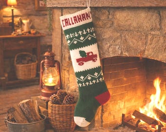 Personalized Christmas Stocking, Stockings, knitted, Red Truck, wedding gift, new baby gift, Moeggenborg Sugar Bush, unlined, lined