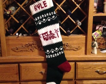 Train Christmas Stocking,personalized, knitted, made in the USA,wedding,new baby, Made in America,Moeggenborg Sugar Bush, lined