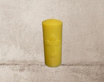 Beeswax pillar, Orthodox Cross, all natural, prayer candle, clean burning, cotton wick, Moeggenborg Sugar Bush, Made in Michigan