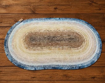 Oval table mat, 19 x 33" ,handmade table mat, brown, cream, blue made in Michigan,Moeggenborg Sugar Bush