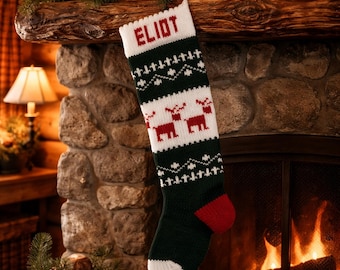 Christmas Stocking, Stockings, personalized, knitted, reindeer, deer, wedding, new baby, Moeggenborg Sugar Bush, unlined, lined
