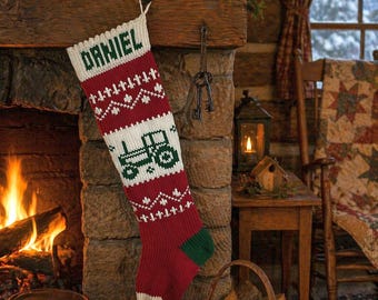 Personalized Christmas Stocking, Stockings, knitted, Green Tractors, wedding gift, new baby gift, Moeggenborg Sugar Bush, lined