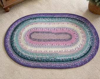 Oval Rug, 43"x29""handmade violet, lavender, teal, farmhouse medium rug, made in Michigan,Moeggenborg Sugar Bush, gripper tape strips