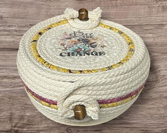 Bee Basket, small, Bee the Change, Handmade, Made in Michigan, Made in the USA,Moeggenborg Sugar Bush, cotton rope, plastic insert and lid
